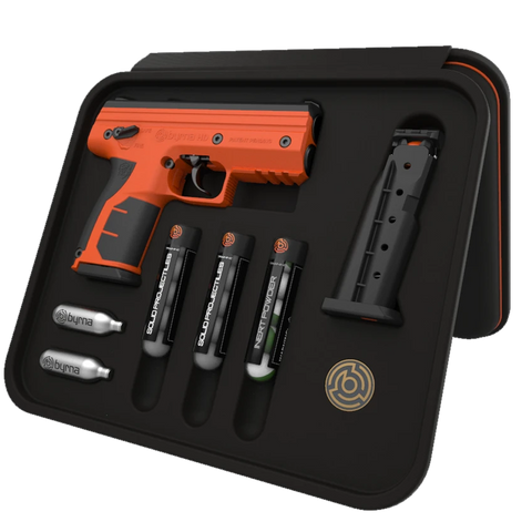 Our Byrna HD Kinetic Kit comes in a protective, zippered carrying case with everything you need to get started:  One Launcher Two 5-Round Magazines Byrna 8-Gram CO2 Cartridges 5-Round Tubes of Kinetic Projectiles 5-Round Tube of Inert  #byrnanation Medallion Semi-Auto firing mode CO2 Pistol. Projectile Speed 220-300 fps 13 Joules / 9.58 Foot Pounds Energy (FPE) shot in .68 caliber. Propulsion: 8 Gram CO2 Cartridge. Dimensions: 7.28" x 5.62" Weight: 1.3lbs One Year Limited Manufacturer's Warranty.