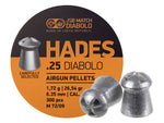 JSB MATCH DIABOLO HADES JSB is renowned for producing precise and consistent quality in their pellets because of their exacting standards, and these JSB Match Diabolo Hades Hollowpoints are no exception. Engineered for superior accuracy and excellent expansion at the target, these pellets have legions of fans around the world because they simply work. Specs: .25 Cal (Caliber) / 6.35mm, 26.54 gr (grains) / 1,72 g (gram), 300 pieces / count, item #546291-300