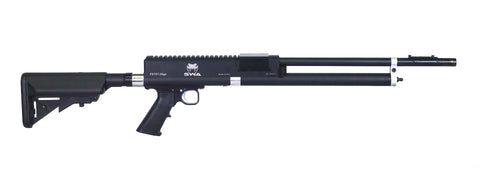 most powerful production air shotgun in the world MADE IN USA SW Airguns FD-15T  Airgun Carbine AR Stock Stock included MULTI-SHOT BIG BORE 20 Gauge Massive power in a very compact package 630 650 FPS 400 Grain 20ga Slugs  375 FPE mil-spec AR15 Style Grips 1 Year manufacturers warranty FD-15T Pistol  2 shot SW Shuttle Magazine Front Fiber Optic Sight End cap for stock threads Sidewinder