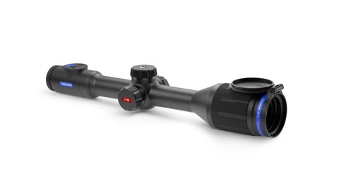 Pulsar Thermion XP50 1.9-15x Thermal Riflescope’s 30mm rings single-piece scope mounts. crisp 640x480 microbolometer resolution, 17 micron pixel pitch, 8-color-pallette imaging full-color 1024x768 HD AMOLED display, 2,500-yard heat-signature detection range. 15 reticles in up to 4 colors, black, red, white and green, still image and video recording 16gb of storage, Wi-Fi Pulsar’s Stream Vision app, 50Hz frame rate rechargeable battery pack.  weighs 31.7 ounces. One-shot zeroing with freeze function